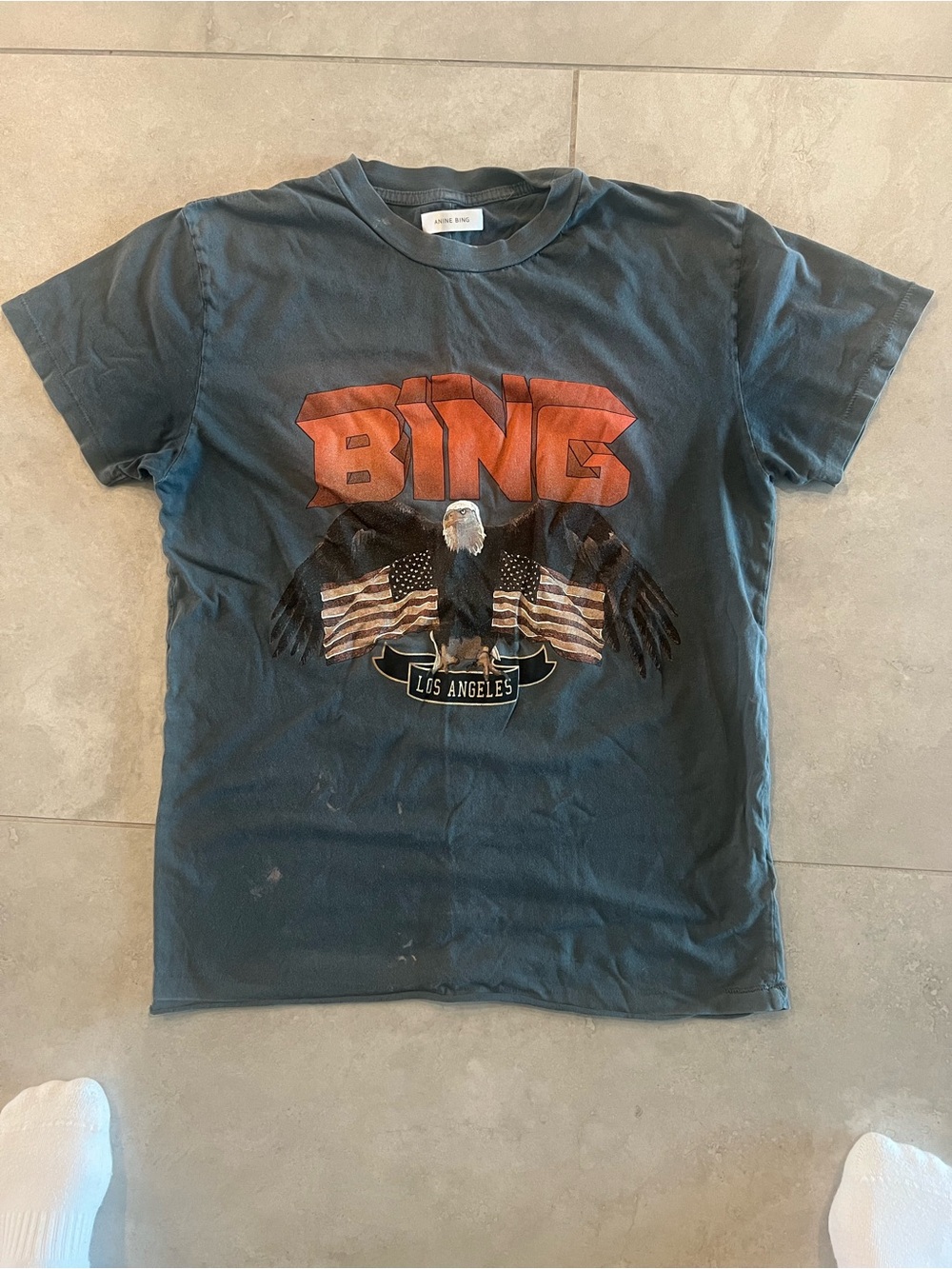 Anine Bing Black Tee with Orange BING Logo and Eagle Graphic